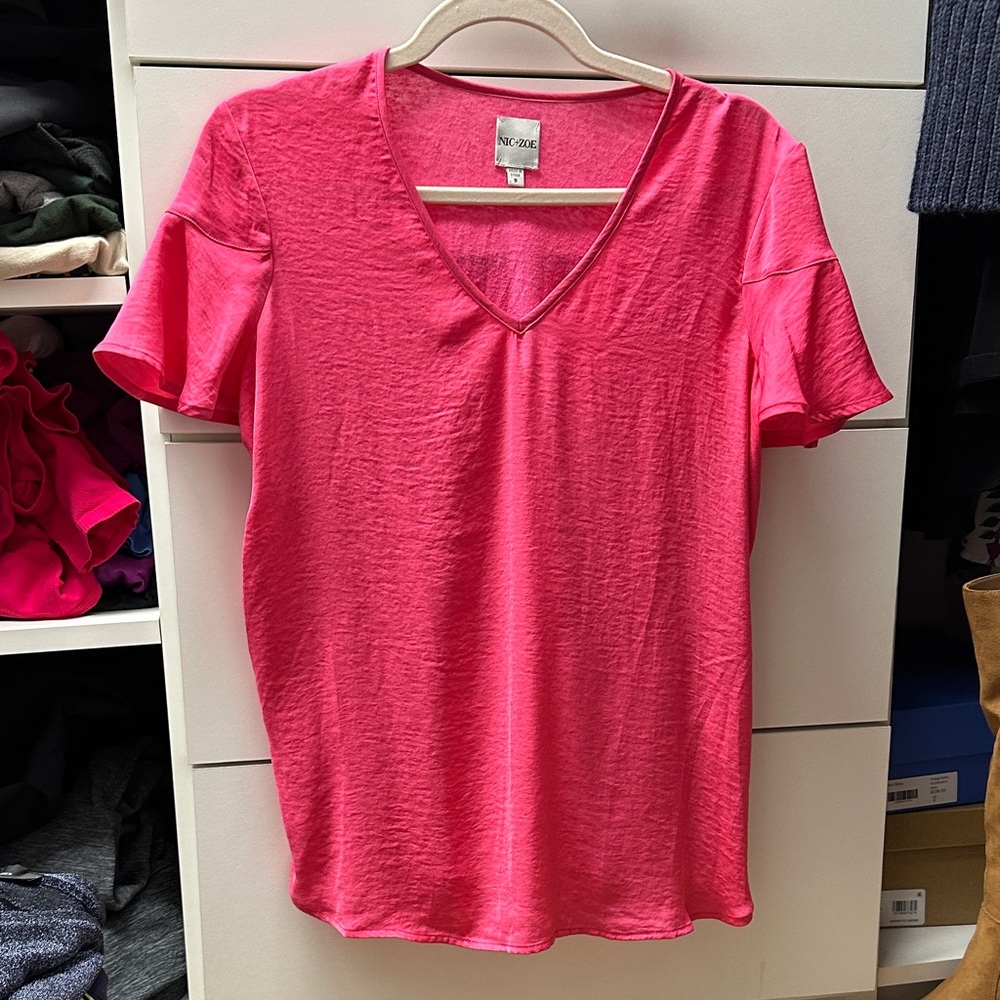 NIC+ZOE Vibrant Pink V-Neck Short Sleeve Top